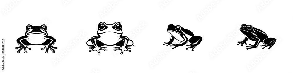 Poster four distinct black frog icons showcasing various poses and expressions for graphic design use
