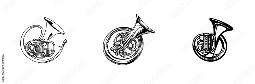 Poster black icon set featuring three distinct illustrations of musical brass instruments with unique desig