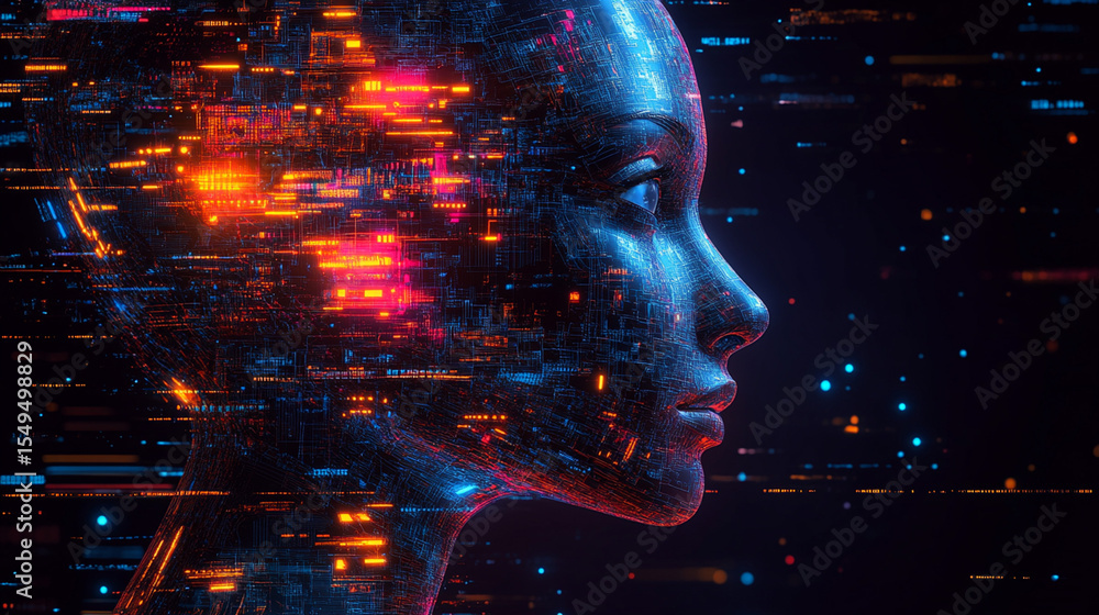 Poster futuristic ai profile with glowing digital code.
