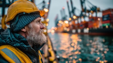 Portrait of Bearded Dockworker in Safety Gear at Shipping Port in Low Light.