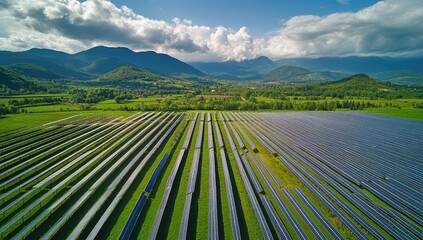 Aerial view of a large solar farm, nestled in a valley between rolling green hills under a partly cloudy sky
