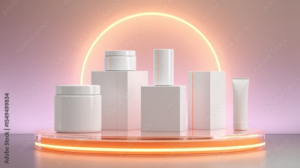 Poster minimalist beauty product display featuring white containers on pedestals with a soft gradient backg