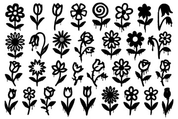 Graffiti Flower Icons – Black Spray Paint Botanical Symbols Set