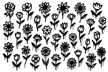 Graffiti Flower Icons &ndash; Black Spray Paint Botanical Symbols Set
