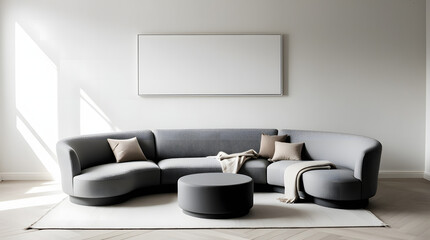 Modern gray sectional sofa with blank canvas in minimalist living room
