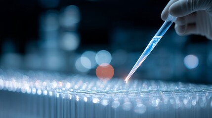 A laboratory setting showcases innovative techniques in scientific research. A hand precisely uses a pipette to measure liquids. 