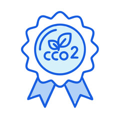Light blue eco certification badge with CO2 and leaves on a white background 
