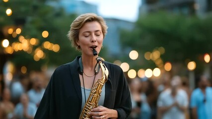 Joyful saxophone player dancing at a lively festival