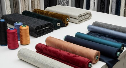 Richly textured fabrics neatly arranged showcasing diverse colors under soft studio lighting. AI Generated