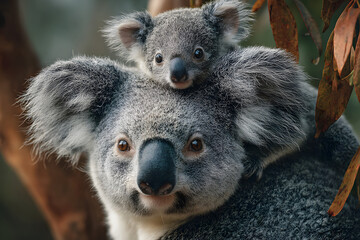 Fototapeta premium Mother koala with baby on her back