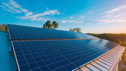 Solar Panels on a Rooftop with a Beautiful Sky at Sunset