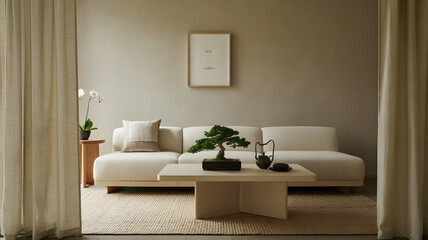 Minimalist Living Room with Bonsai Tree and Neutral Tones for Serene Ambiance