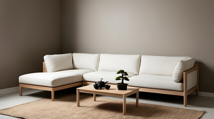 Minimalist Living Room with Sectional Sofa Bonsai Tree and Tea Set