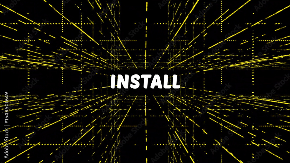 Poster install text on a dystopian grid with yellow lines and black background the word install
