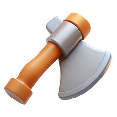 Three-dimensional illustration of an axe tool with orange handle and metallic head on black background