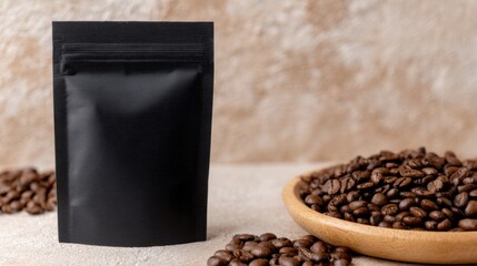 Black recyclable mailing bag mockup featuring coffee beans on wood, minimalist design, clean setting, perfect for eco-friendly branding and product presentation