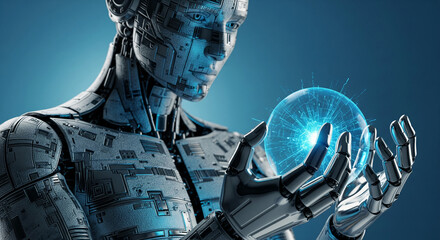 Metallic robot holds glowing sphere, showcasing technological advancement and artificial intelligence, symbolic of future innovation and progress