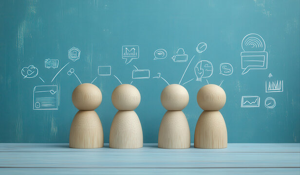 Wooden figures with interconnected digital ideas