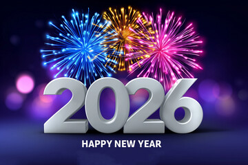 Happy New Year 2026 Celebration With Colorful Firework Display On Dark Blue Background For Festive Holiday Greeting Card Design