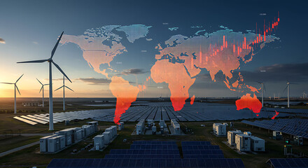 Global map overlaid with data, showing renewable energy sources and wind turbines.