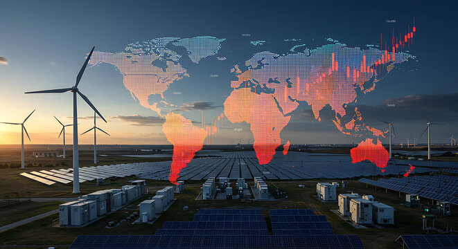 Global map overlaid with data, showing renewable energy sources and wind turbines.