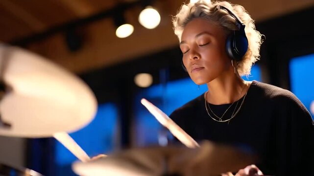 Listener recording a drum performance with studio equipment