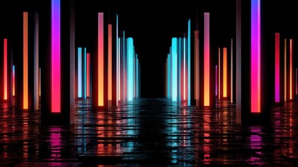 Obraz premium Neon columns illuminate dark alley