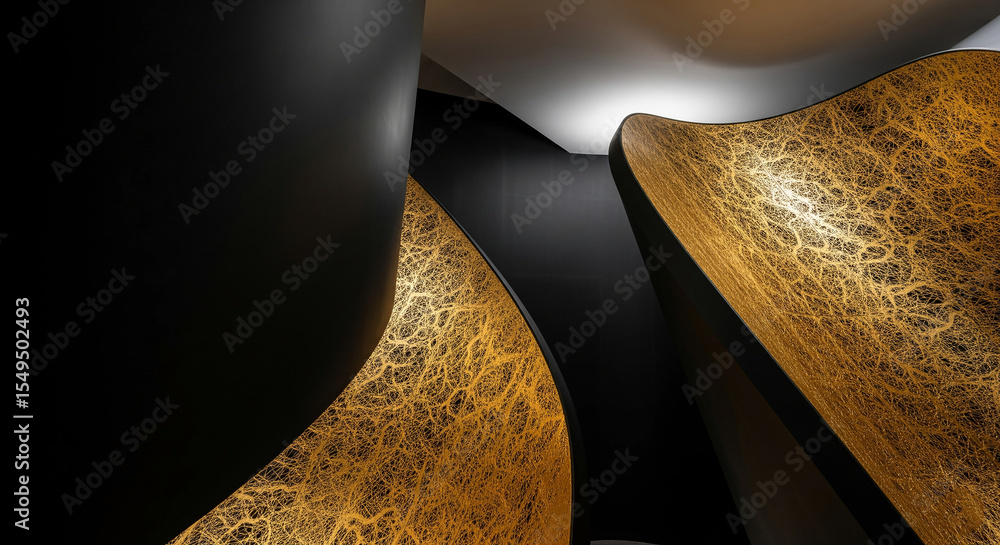 Poster abstract image of curved, black panels with gold textured inserts creating a sophisticated and elega