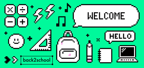 Back to school supplies pixelated icons on green background. Retro game 8 bit pixel art education icon set. Backpack icon, laptop, music notes, pencil and notebook. Speech bubble text Welcome, Hello