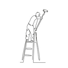 One continuous single drawing line art flat doodle indoor, paint, renovation, female, woman, stepladder, painting, wall. Isolated image hand draw contour on a white background, hand drawn, not AI