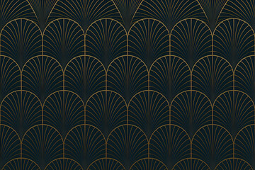 Elegant Art Deco Seamless Pattern with Thin Gold Lines on Dark Background for Luxury Design, Interior, Invitation or Retro-Inspired Branding