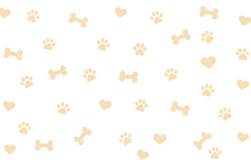Seamless Pet Pattern Background with Beige Paw Prints, Dog Bones and Hearts on White for Cute Animal or Veterinary Design