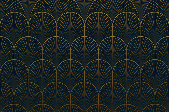 Fototapeta Elegant Art Deco Seamless Pattern with Thin Gold Lines on Dark Background for Luxury Design, Interior, Invitation or Retro-Inspired Branding