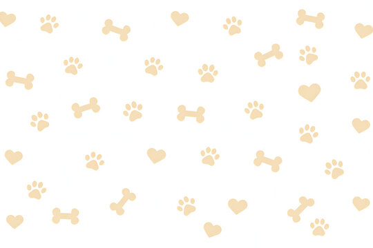 Seamless Pet Pattern Background with Beige Paw Prints, Dog Bones and Hearts on White for Cute Animal or Veterinary Design