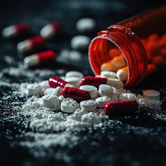 Drugs and pills on the dark table. Drugs illegal. Drug addiction concept. Drug abuse. Generative AI   high resolution   for isolate image