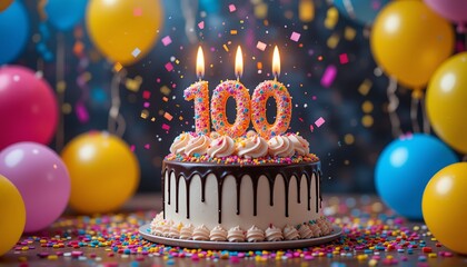 Birthday celebration with a decorated cake, balloons, confetti and number 100 candle. Hundredth anniversary concept