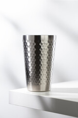 Stainless steel glass on a white table with clean, modern lighting.