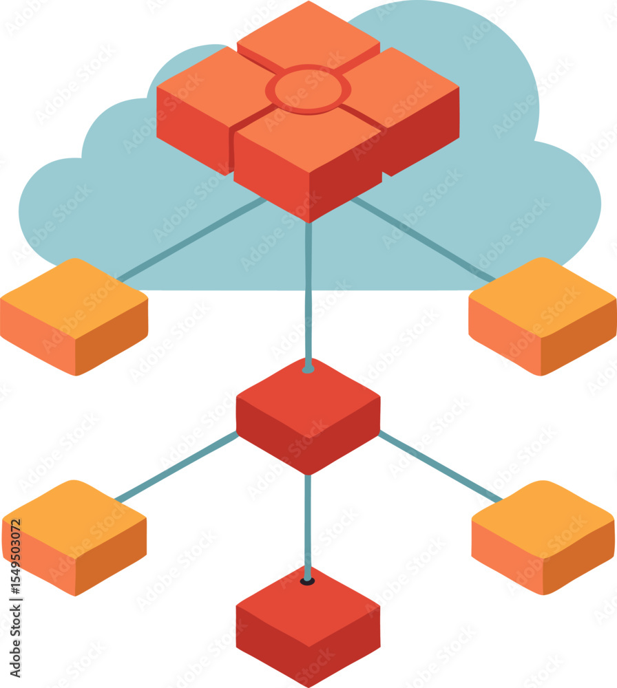 Poster red puzzle cubes connect to form a 3d cloud computing network, illustrating a successful business co