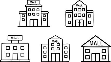 Shopping Mall Icon Set Line Illustration of Commercial Buildings