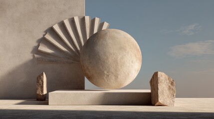 Minimalist Stone Composition with Radial Pattern and Sunlight, Generative Ai