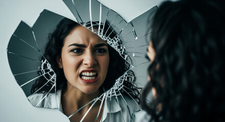Woman's reflection in a shattered mirror, face contorted in anger, symbolizing inner turmoil or broken self-image