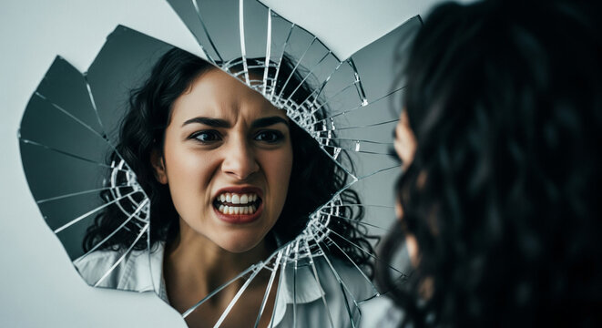 Woman's reflection in a shattered mirror, face contorted in anger, symbolizing inner turmoil or broken self-image