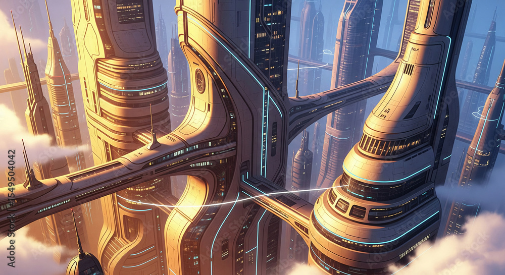 Aufkleber High-angle view of futuristic beige skyscrapers interconnected by elevated walkways, creating a complex urban structure above clouds, showcasing advanced architecture and urban design