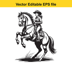 Fototapeta premium Dynamic Black and White Illustration of a Cowgirl Riding a Galloping Horse with Lasso Raised in Action and Determination in a Vector Editable Format