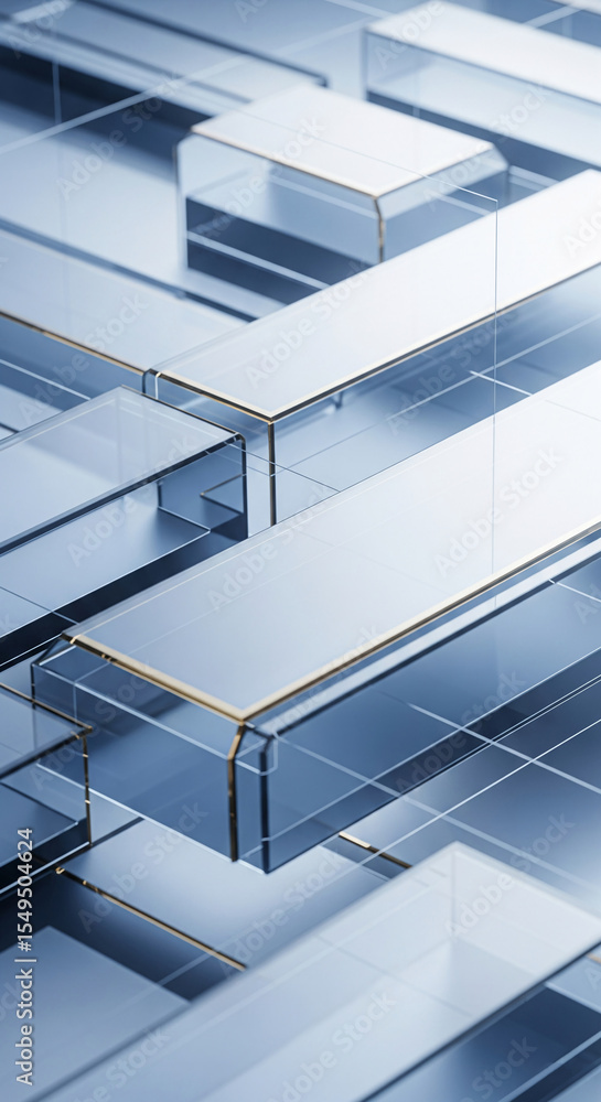 Poster abstract image of intersecting light-blue glass blocks with gold accents, creating a geometric showc