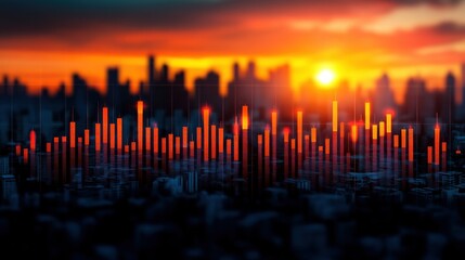 City skyline at sunset overlaid with financial data