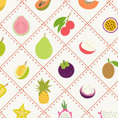 Seamless pattern with hand drawn tropical fruits. Colorful exotic fruit wallpaper with guava, lychee, pineapple, mangosteen. Summer botanical background for fabric, kitchen decor, wrapping paper.