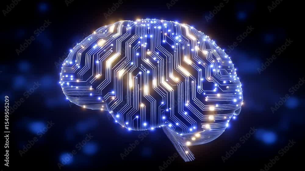 Poster glowing brain made of circuits with lights illuminating digital connections. high-tech atmosphere re