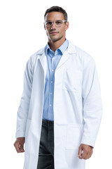 Young male scientist or medical professional wearing white lab coat and eyeglasses isolated on transparent. 