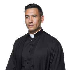 Hispanic priest in traditional black cassock and white clerical collar isolated on transparent background. 